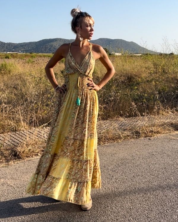 Boho Damen Kleid in schönem gelb mit braun 