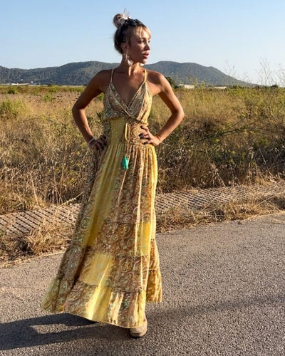 Boho Damen Kleid in schönem gelb mit braun 