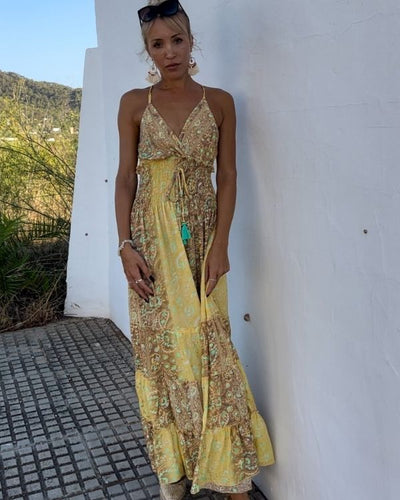 Gelbes langes Sommerkleid mit Paisley Muster  - Bohemian Damen Kleider