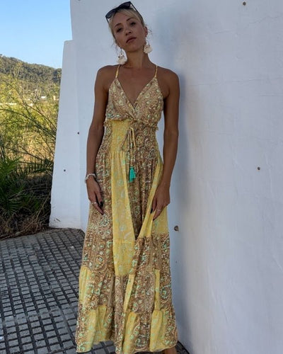 elegantes langes Boho Hippie Kleid mit Paisley Muster - Gelbes Sommerkleid 