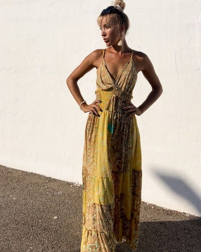 Gelbes langes Damen Kleid mit Paisley Mustern - Boho Hippie Sommerkleid in leichtem lockerem Schnitt 
