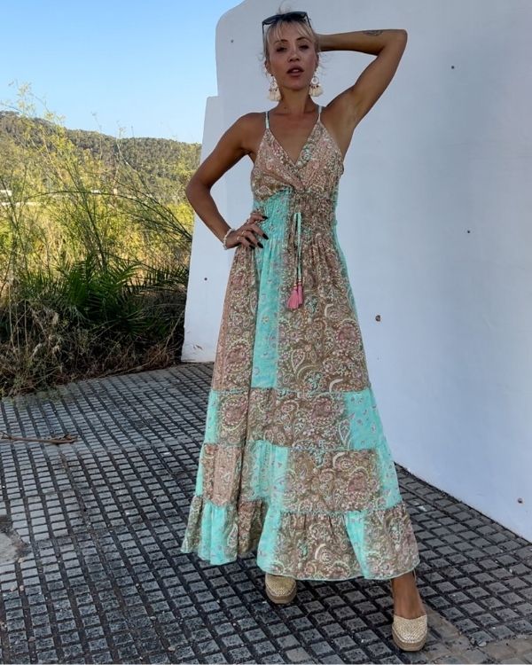 Sommerliches Kleid mit Paisley Muster - Türkis braunes Boho Kleid 