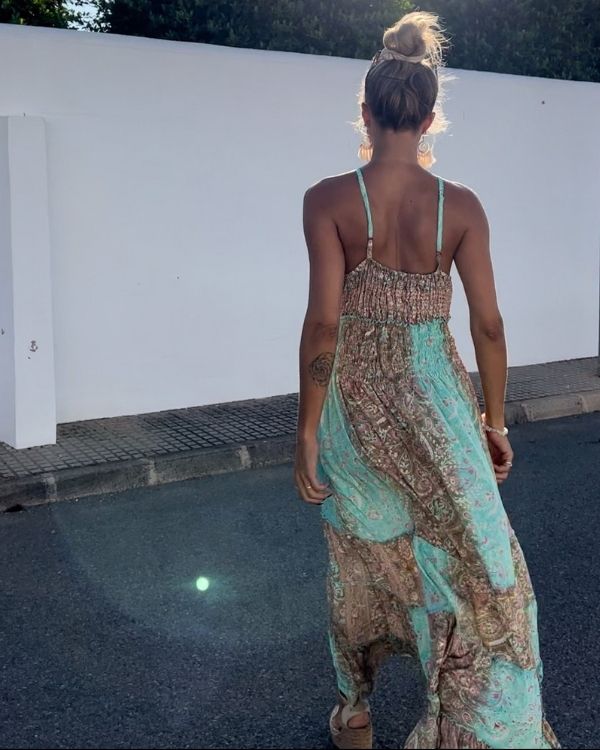 Langes Damen Boho Sommerkleid aus Satin - Paisley Muster Kleid 