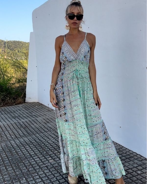 Langes Damen Sommerkleid in türkis-lila mit Paisley Mustern 