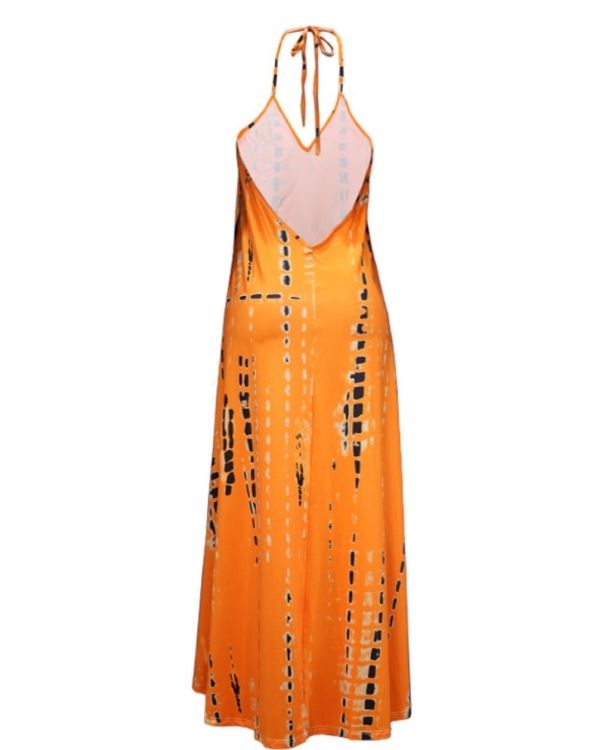Oranges Damen Boho Sommerkleid zum binden am Nacken - langes Batik Hippie Kleid