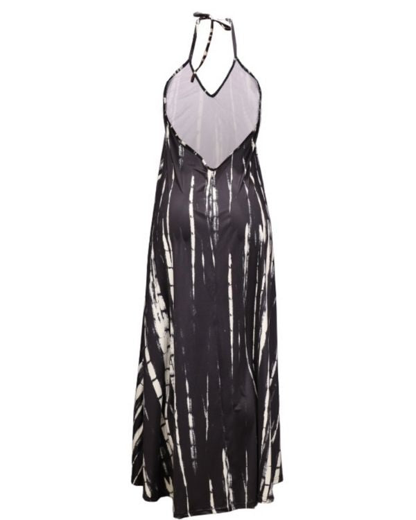 Rückenfreies Damen Boho Kleid in schwarz weiss mit Batik Tie Dye Effekt 