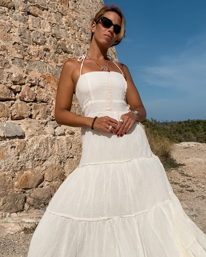Langes Baumwolle Kleid im Boho Ibiza Style | Creme-weisses Kleid 