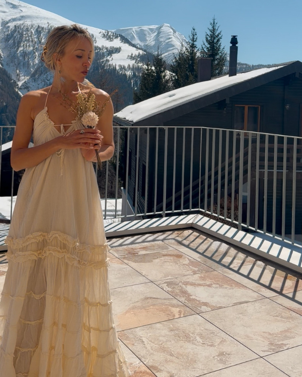 Boho Kleid Damen elegant und feminin | Creme Baumwolle Maxikleid 