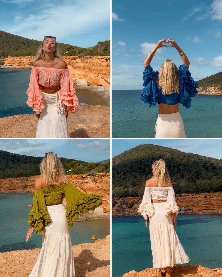 Bohochic Shirt aus Baumwolle mit Fledermausärmel | Ibiza Damen Shirt Schulterfrei 