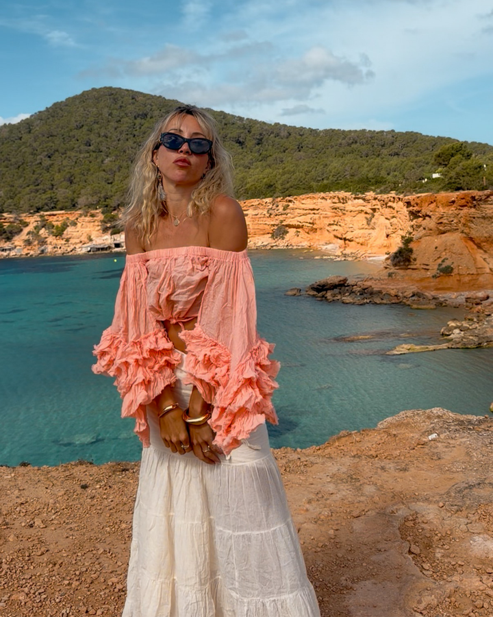 Orange Lachs Crop Top Shirt Ruffle Ärmeln im Fledermaus Schnitt 