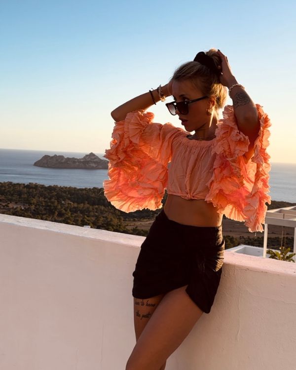 Ruffle Crop Top Shirt mit weiten Ärmeln und Ruffle Effekt - Boho Ibiza Style Shirt 