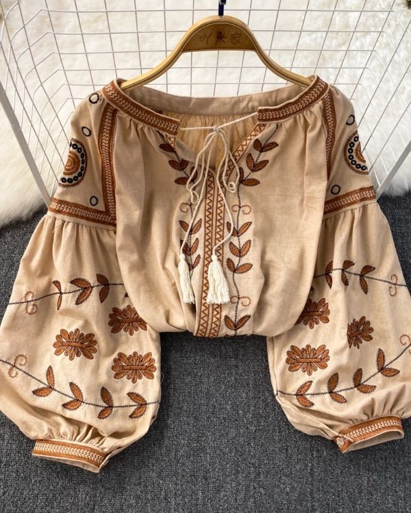 Langarm Boho Shirt Damen mit Blumen Stickereien - Baumwolle Boho Hippie Shirt 