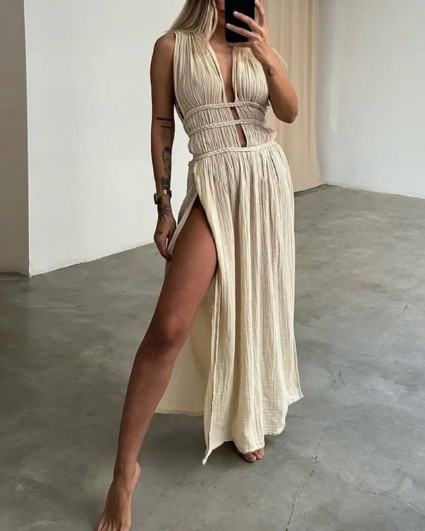 Sommer Must-have Boho Style - Beiges Cut-Out Ibiza Tulum Style Kleid 