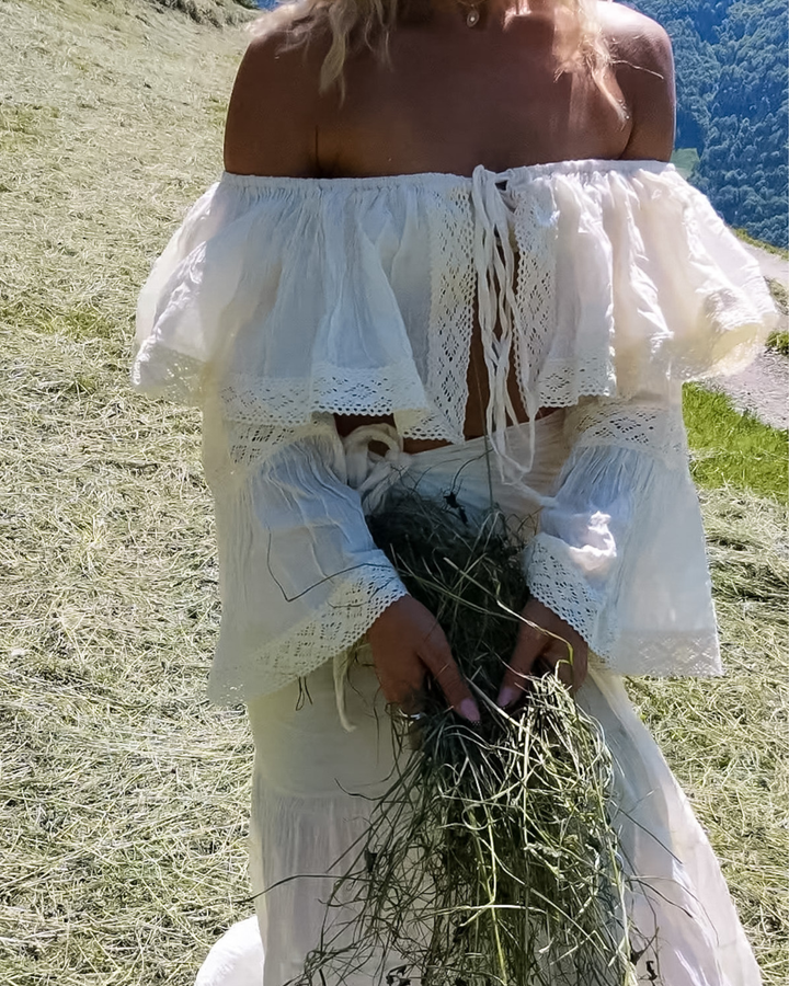 Boho Baumwolltop Damen creme mit Spitzen Details