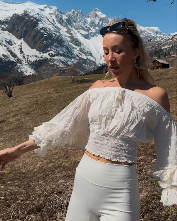 Boho Schulterfreie Crop Top Shirt mit Ruffle Fledermaus Ärmel 