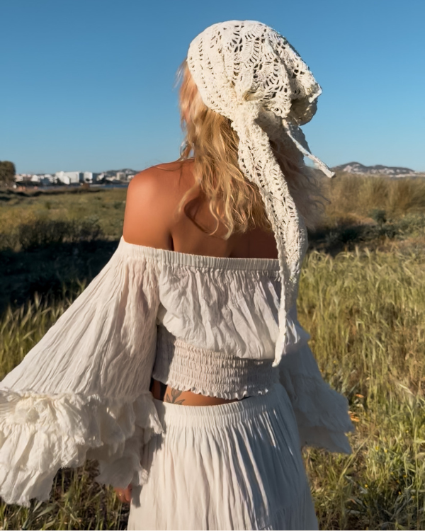 Boho Bluse Damen langarm Off Shoulder Ibiza Style creme weiss