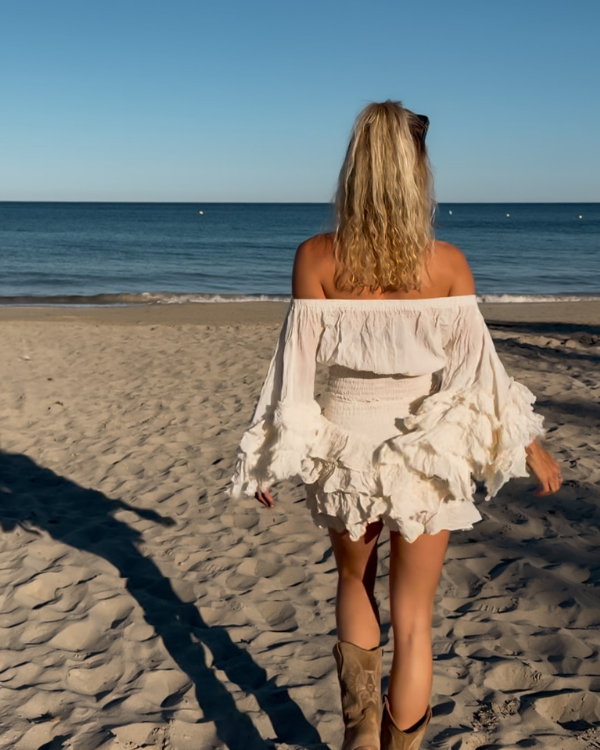 Boho Chic Damen Shirt Bluse mit weiten Ruffle Ärmel 