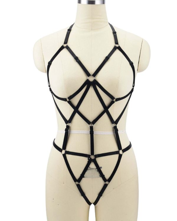 Bondage Riemen Bodysuit aus Streifen und verstellbaren Trägern - BDSM Kinky Erotik Bodysuit online bestellen 