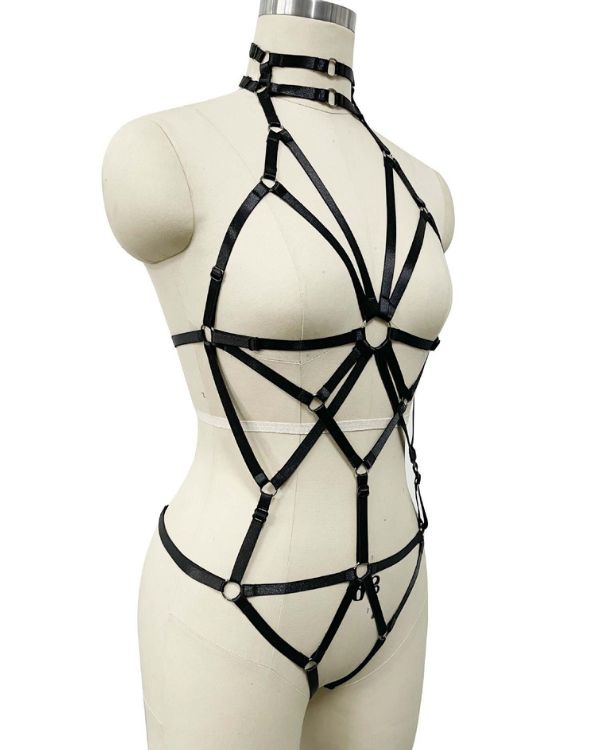 erotischer Riemen Bodysuit aus elastischen Streifen - Bondage BDSM Look Bodysuit mit Choker 