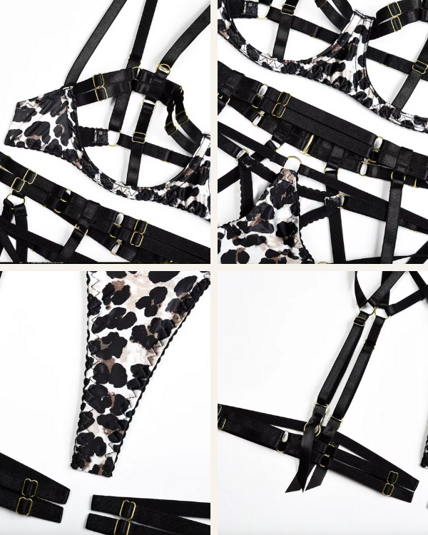 Fetisch-Look Lingerie Set mit Cut-Out BH und Strapshaltern