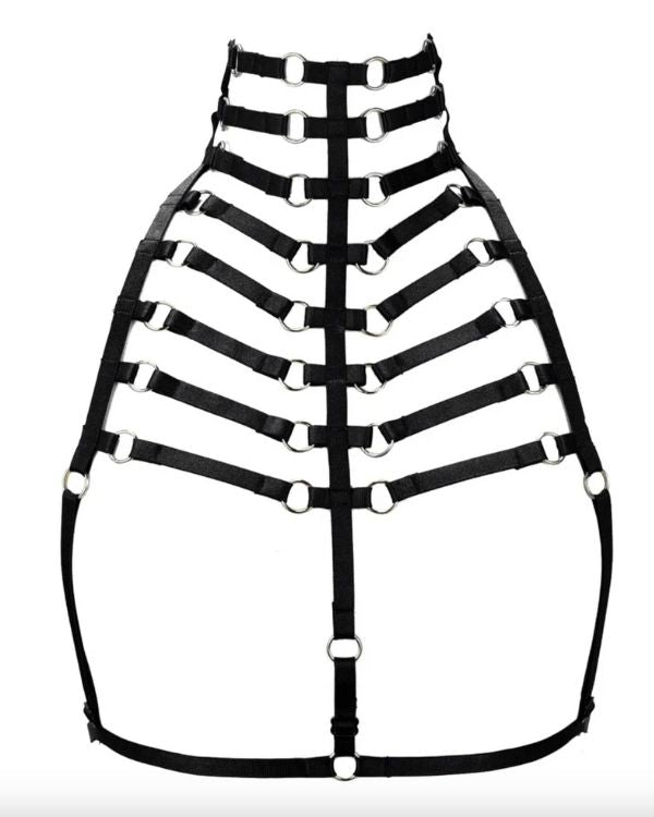 schwarzer Körpergürtel Oberteil aus verstellbaren Trägern - Harness Körpergeschirr Oberteil mit Choker und schwarzen Trägern 