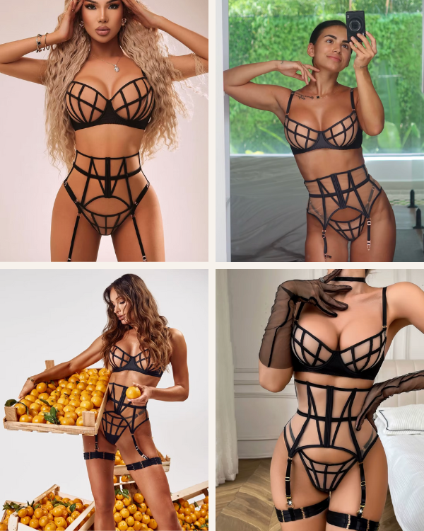 Heisses Dessous Set aus schwarzen Streifen - High-Waist Strapsen Halterung für Erotik Fetisch Set 