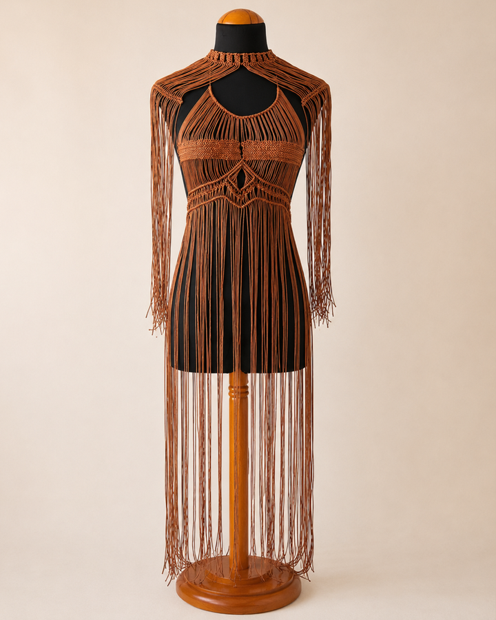 Hochwertiges Makramee Set aus Kleid und Choker mit Fransen über die Schultern 