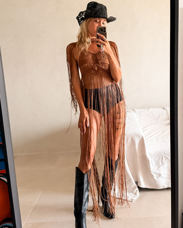 Braunes handgemachtes Makramee Kleid mit Choker | Fransen Festival Look