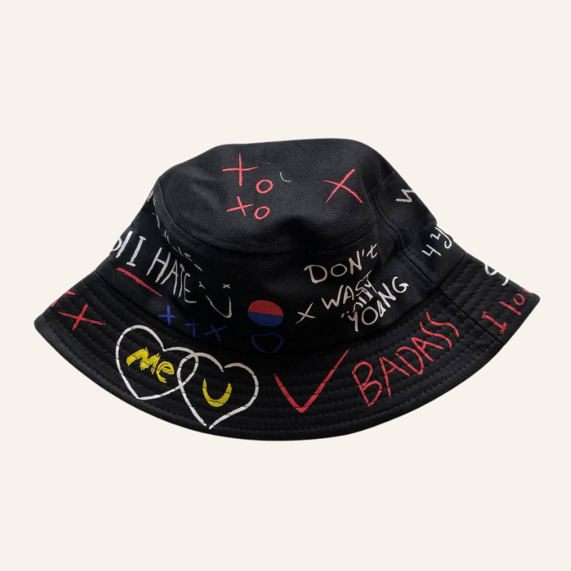 Fischerhut unisex Costa Sketch Streetstyle - schwarzer Buckethat mit Symbolen 