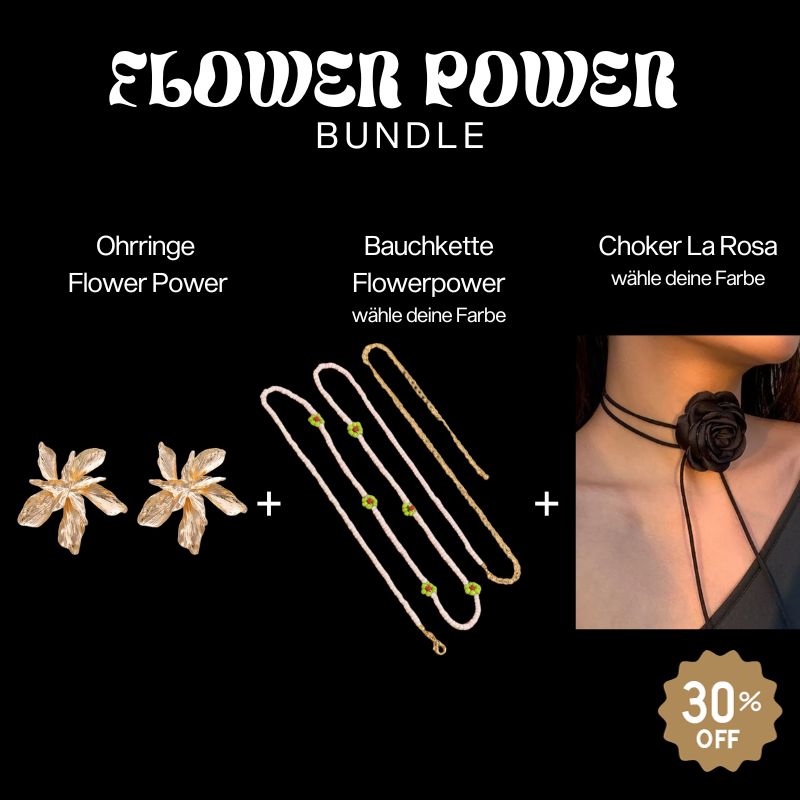 Flower Power Bündel aus Ohrringe mit Blumen Symbol, Bauchkette mit Blumen Motiven und Choker Halskette mit Rosen Motiv 