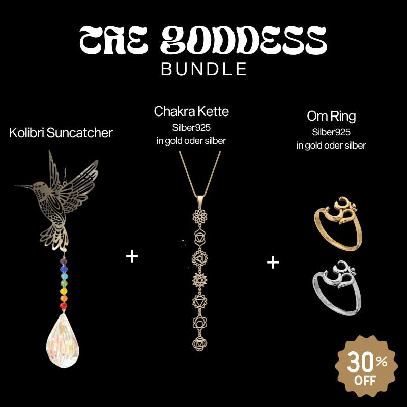 Bundle Set aus Kolibri Sonnenfänger, Chakra Halskette und Om Ring | Hochwertiges Spirituelles Schmuck und Deko Set 