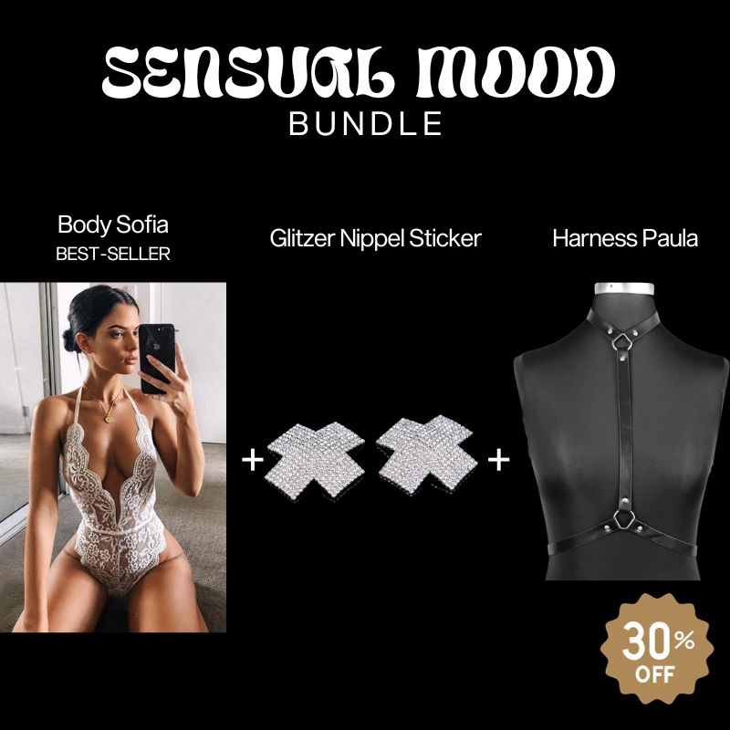Erotischer Bundle aus Spitzen Body Dessous, Glitzer Nippel Sticker und heisser Harness Körpergürtel 