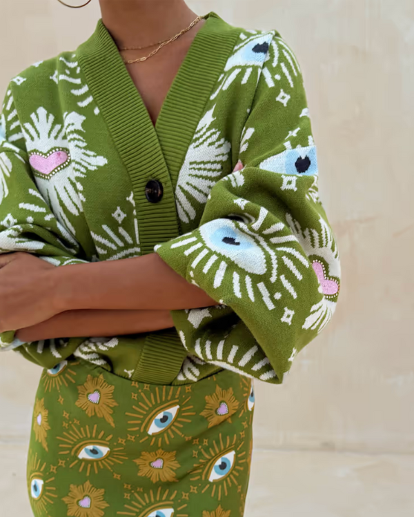 Oversized Cardigan Boho Style | Grüner Damen Cardigan mit V-Ausschnitt 