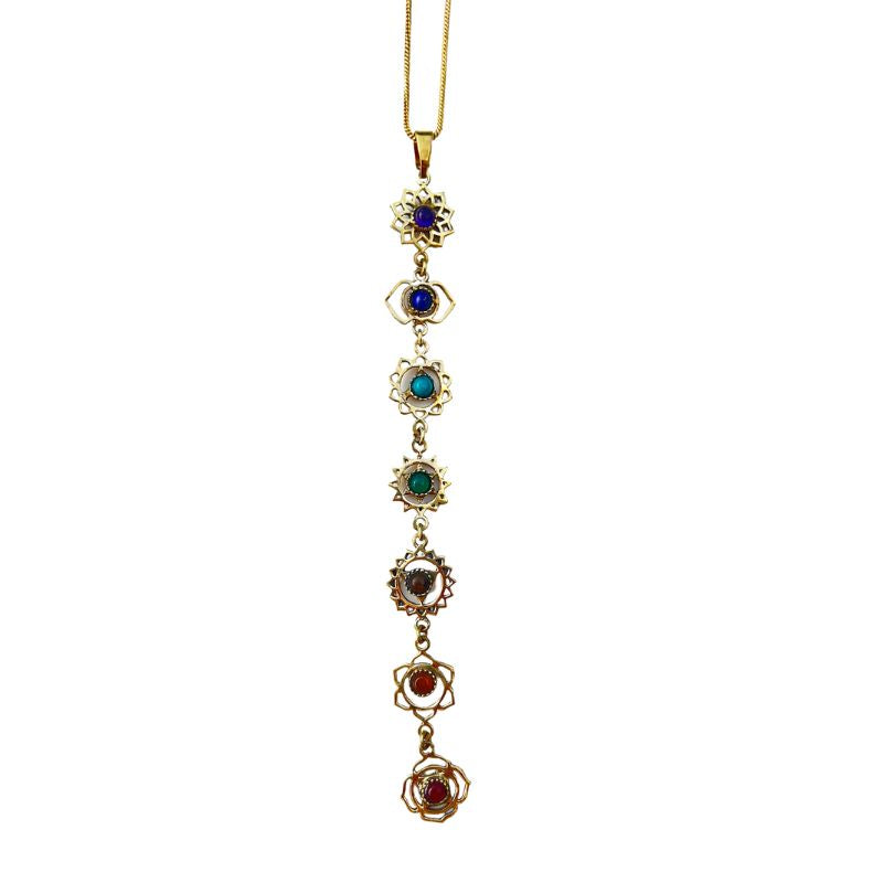 Handgemacht Chakra Halskette mit 7 Chakra Symbolen und 7 diversen Heilsteinen als Anhänger mit einer goldener Kette 