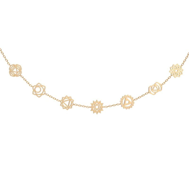 Elegante Darstellung einer Chakra-Kette in Gold, die als modisches Statement und spirituelles Tool dient