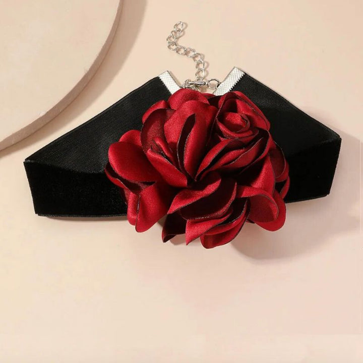 Choker Halskette Halsband aus Velvet Band mit Bordeaux 3D Rose 