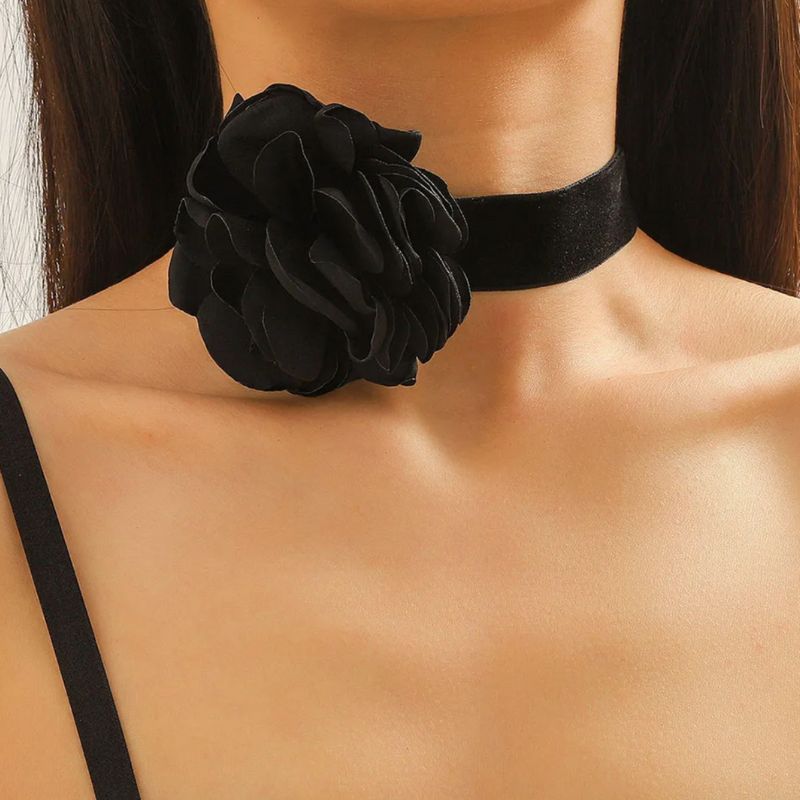 elegante schwarzes Choker Halsband Halskette mit 3D Rosen Blumen Symbol 
