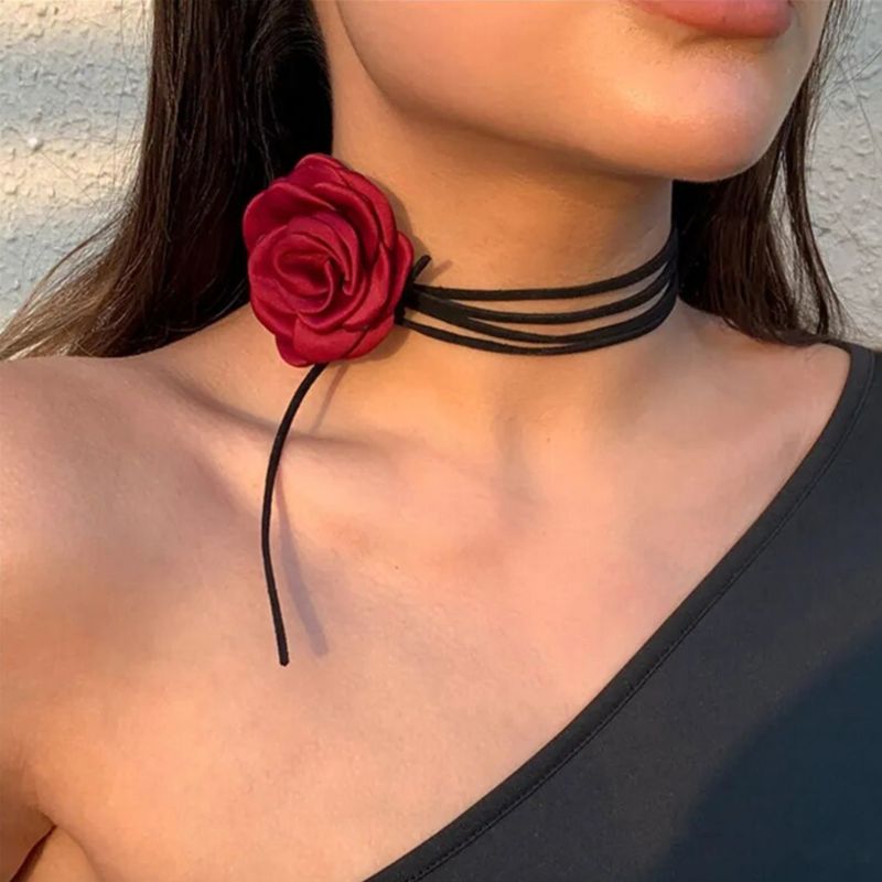 Schwarze Faden Choker Halskette zum binden mit 3D bordeaux roter Rose 