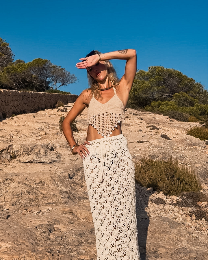 Beiges handgehäkeltes Crochet Top mit Muscheln | Beiges Häkel Oberteil 