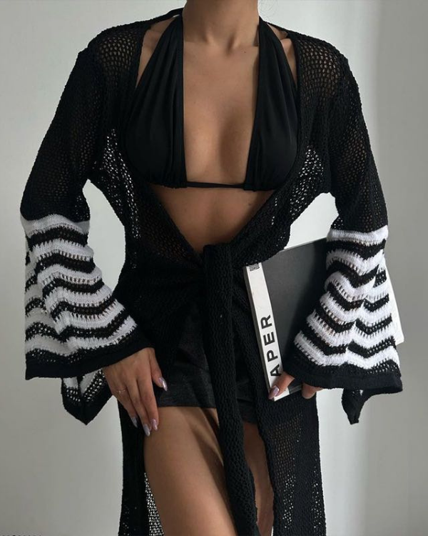 Häkelkimono schwarz-weiss Damen - Chicer Sommer Kimono