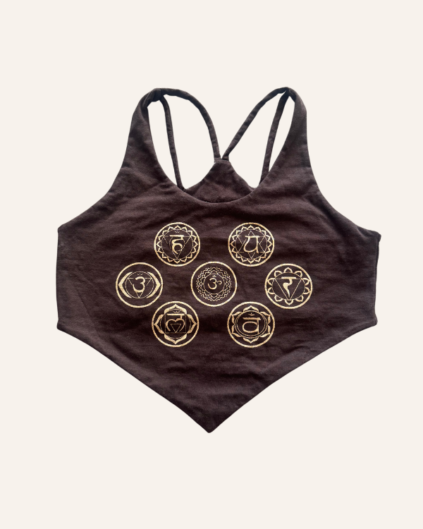 Braunes Crop Top mit goldenen Chakra Symbolen - Spitzen Yoga Boho Top 