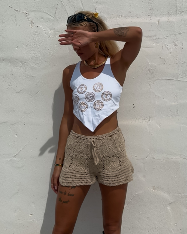 Boho Crop Top Sommer Chakren weiss mit gold