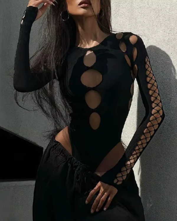 Damen-Bodysuit mit tiefen Cut-Outs und Netzstruktur