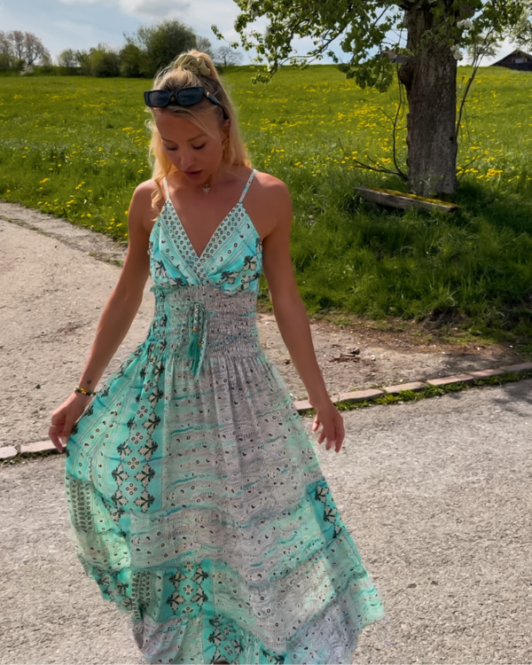 Hippie Sommerkleid für heisse Tage | langes türkis grünes Damen Boho Kleid 