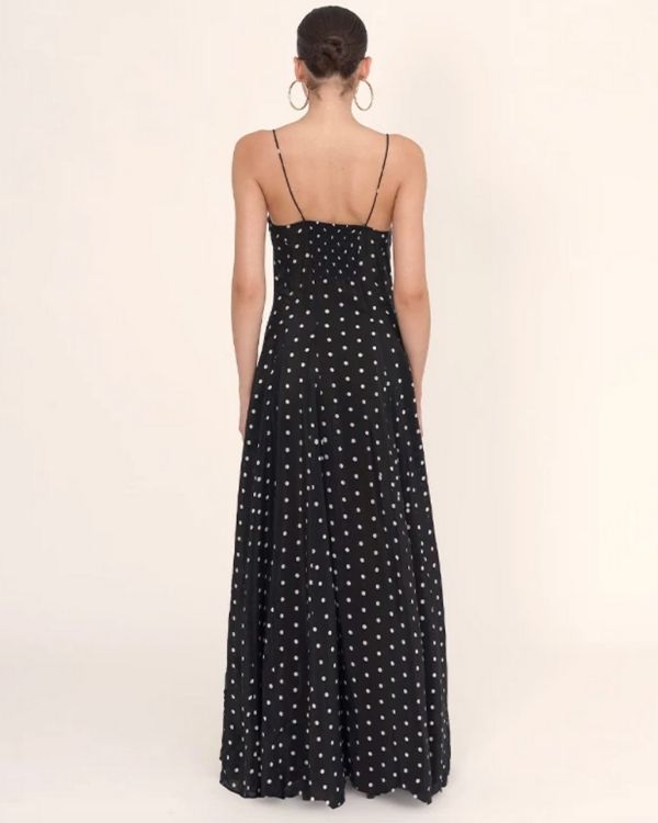 langes schwarzes Damen Kleid mit weissen Punkten und dünnen Trägern 