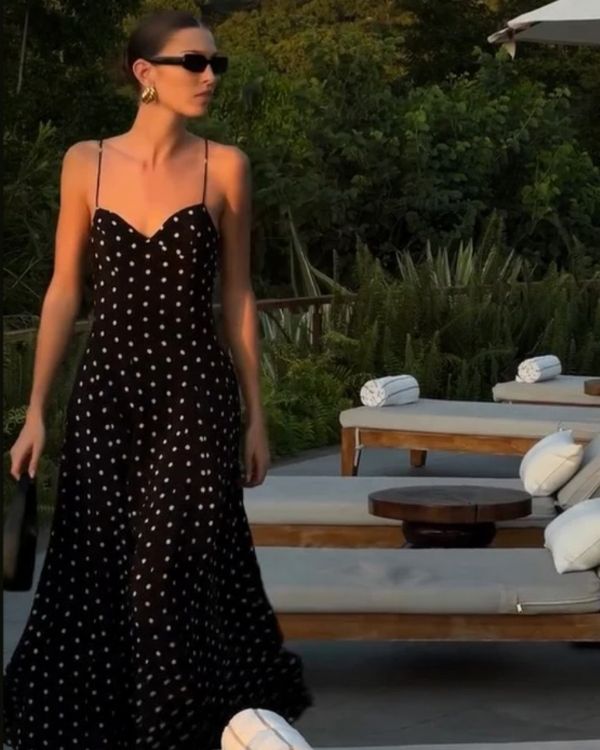 Elegantes Damen Polka Dots Kleid mit Ausschnitt - Chices langes Abendkleid 