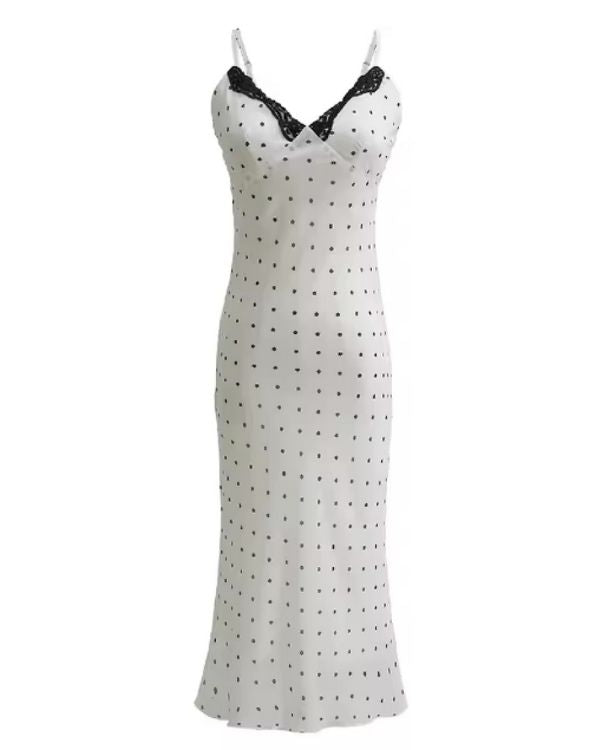 Weisses langes Polka Dots Kleid mit schwarzen Punkten und Spitzen Lace Details 