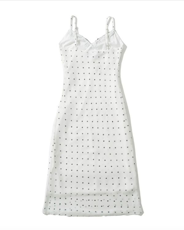 langes weisses Polka Dots Kleid mit Spaghetti Trägern 