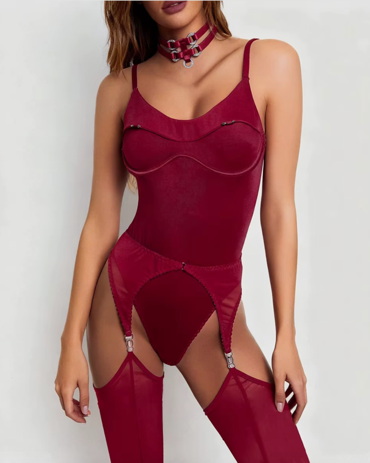 Body, Strapsgürtel, Strümpfe und Choker des Sets Secret Obsession