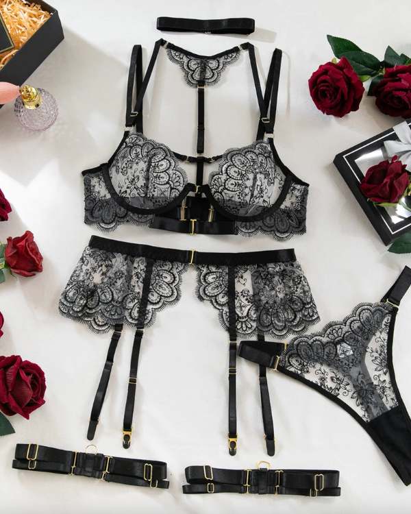 Mesh Dessous Damen Schwarz verführerisch | Lingerie Set aus diversen Teilen 
